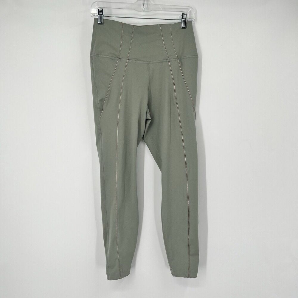 Womens Nike Dri-Fit L Green Hi Rise 7/8 Athletic Leggings Metallic Trim Yoga Gym